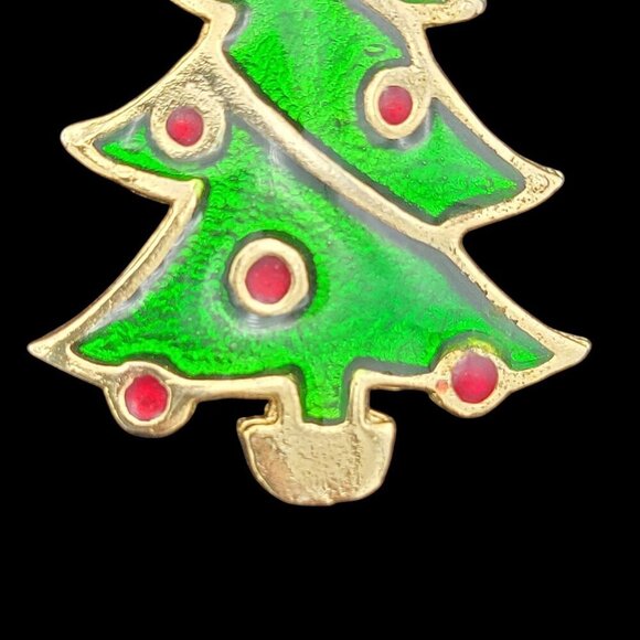 Vintage Christmas Tree Lapel Pin Brooch Gold Tone Metal Enamel Green Red 1.5" - Picture 4 of 5